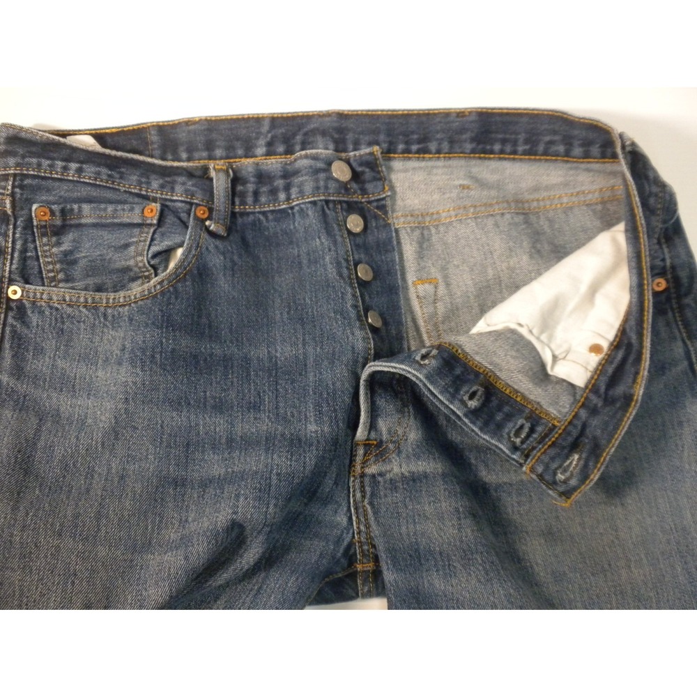 Levi's 501 Jeans Mens 38x32 Blue Denim Button‎ Fly Straight Whiskered Heel Drag - Picture 11 of 14